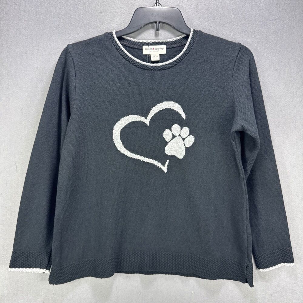 NWT Cotton Country by Parkhurst Sweater Women's M Black Cotton Paw Animal Lover